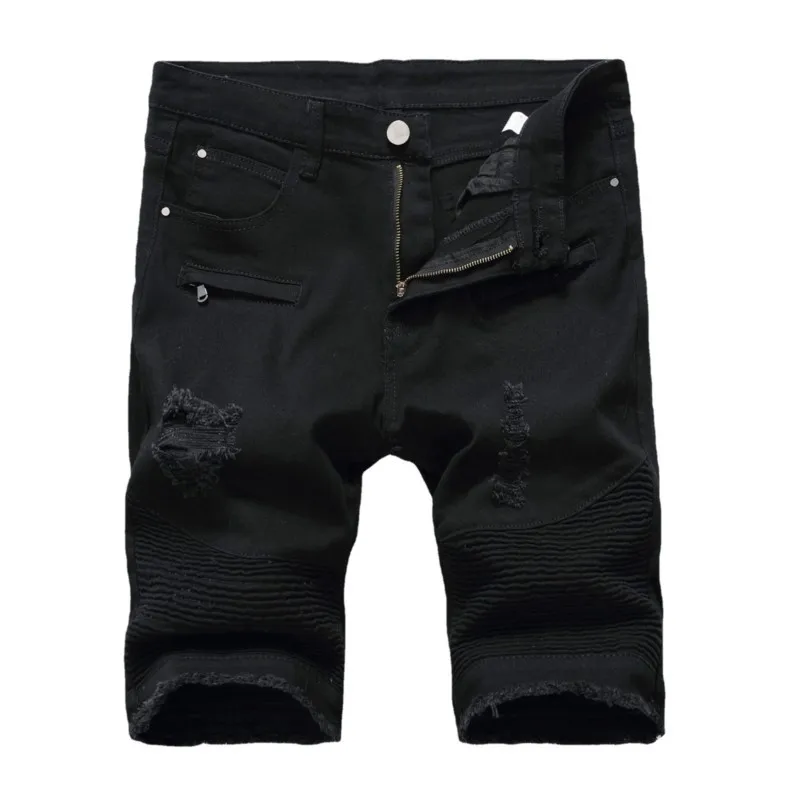 Mens Denim Shorts Zipper Elastic Pleated Slim Ripped Short Jeans