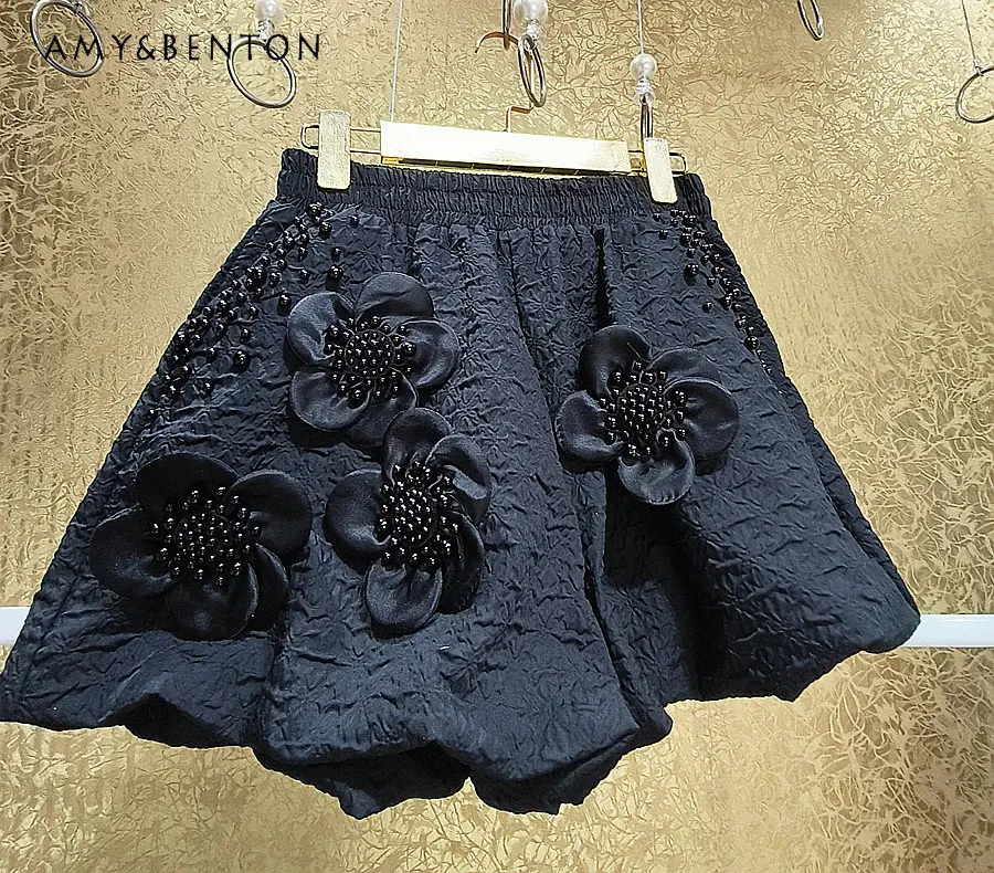 

High-End Good Quality Carved Pearl Fairy Three-Dimensional Flower Bloomers Bubble Short Pants Bud-Waisted Shorts Women's Clothes