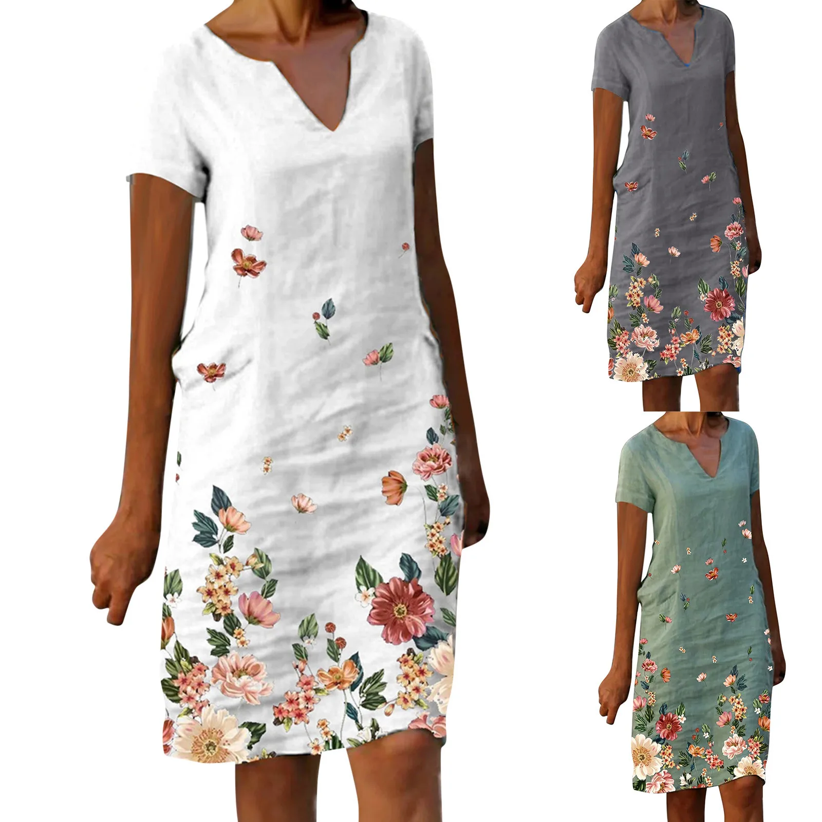 3ColorsWomenSummerDressesPrintedCasualVNeckLadiesDressSuper
