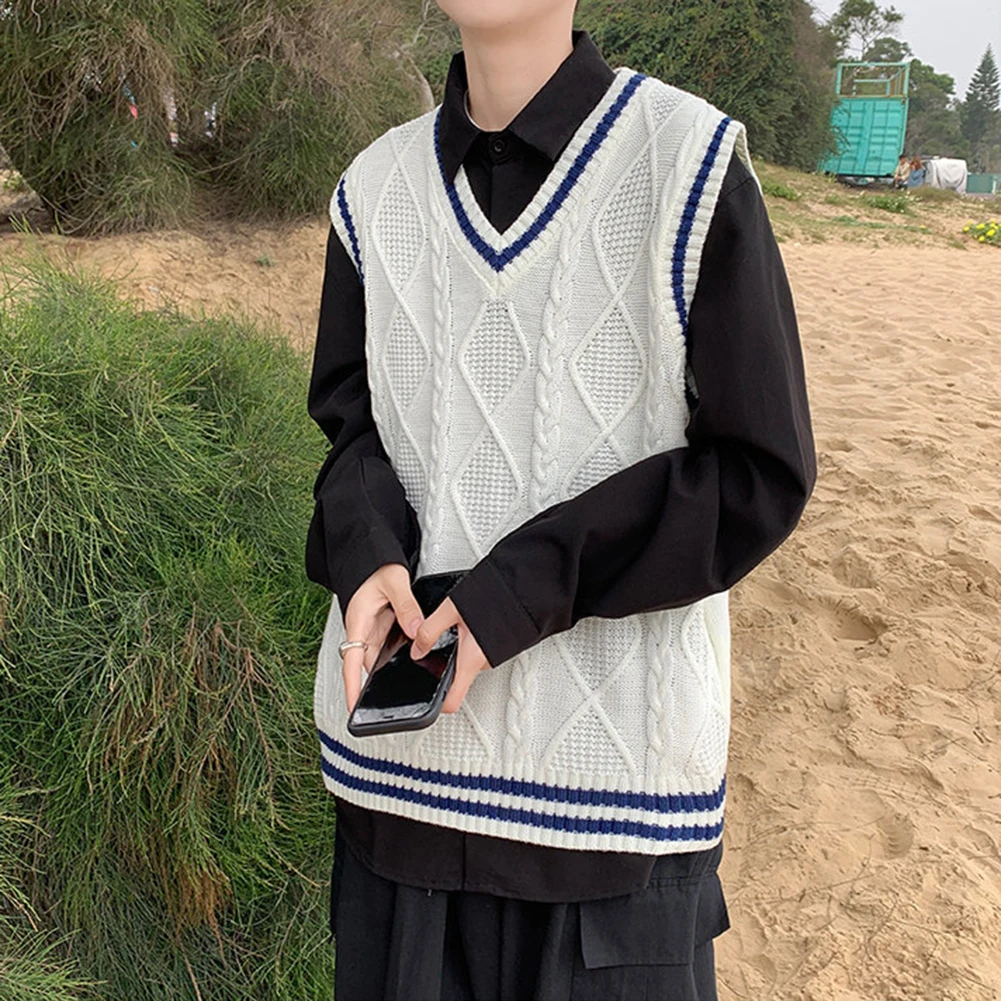 Mens Classic Contrast Color Thermal V-Neck Comfortable Cardigan Sleeveless Slight Strech Solid Vest Simple Loose Waistcoat Tops