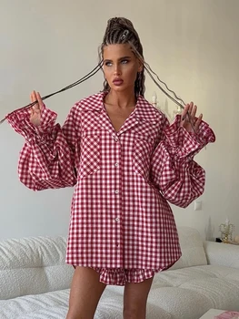 Marthaqiqi Plaid Ladies Sleepwear Set Long Sleeve Nightgowns Sexy Turn-Down Collar Pajamas Shorts Casual Female Nightwear Suits