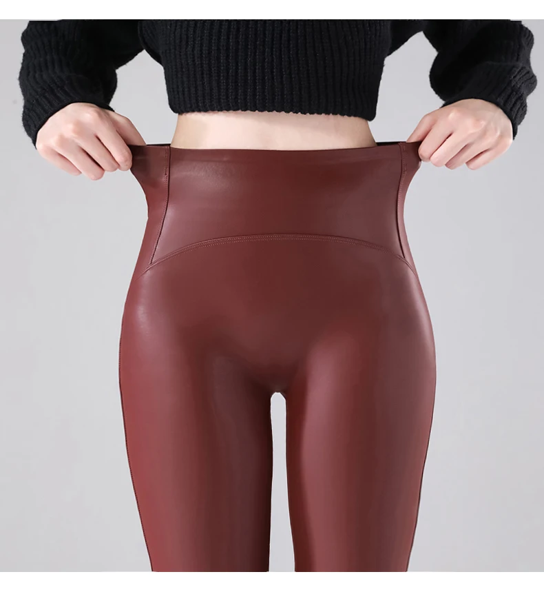 BIVIGAOS Fall Winter Wine Red Matte PU Leather Leggings Women High Waist Slim Elastic Fleece Warm Sexy Leather Pants