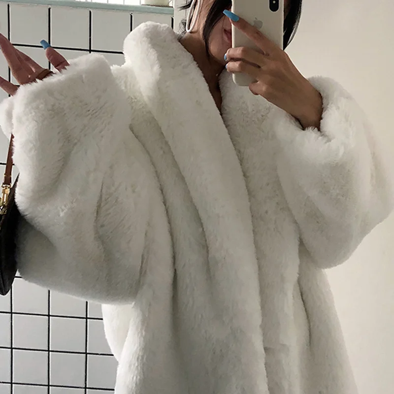 White Fur Jacket Winter Oversized Thick Warm White Fluffy Faux Fur Coat