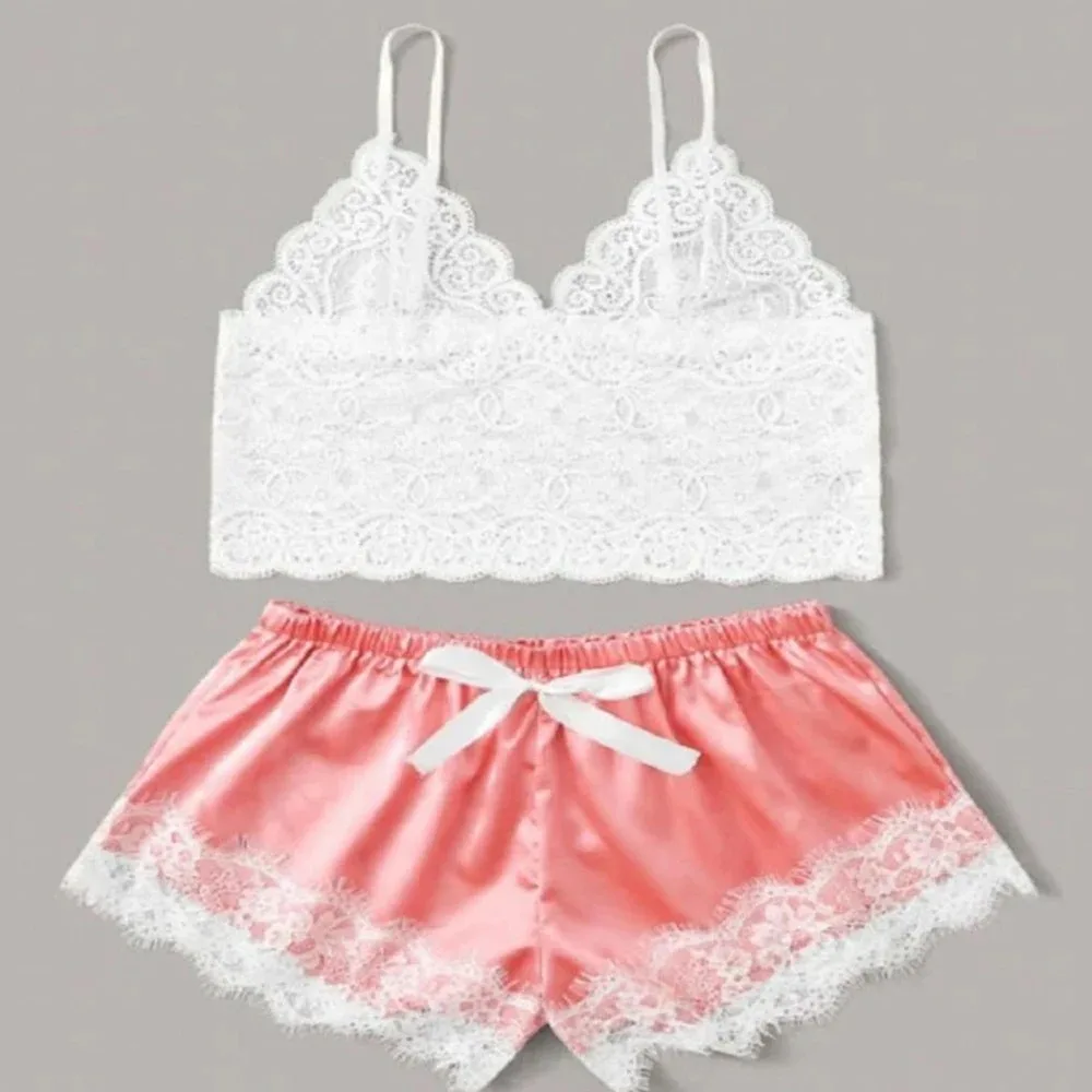 Sexy Lace Silk Sleepwear Two Piece Set of Suspender Shorts for Women Pajamas Set Lingerie Crop Tops Shorts Nightwear women pajamas set,women pajama suit,women silk underwear set