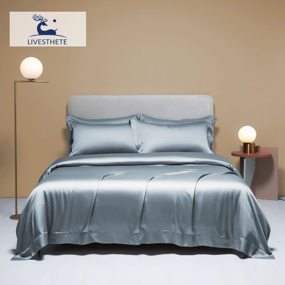 

Liv-Esthete Noble 100% Silk Bedding Set Blue Gray Summer Duvet Cover Pillow Case Bed Sheet Quilt Cover Double King Queen Sets