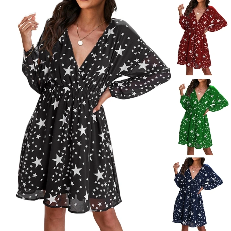 

2023 Women Dress Fashionable Print Double Layer Mesh Sleeve Lining Long Sleeved Dress Casual Loose Fit Dresses DropShip