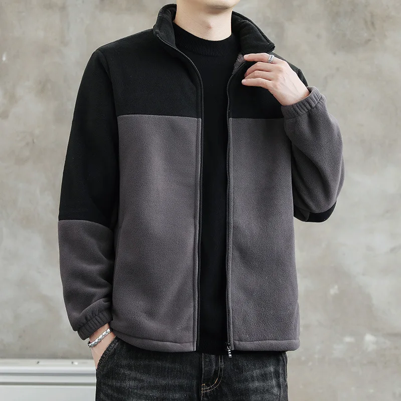 Men's Spring and Autumn Loose Color Block Fleece Sweatshirt Jacket
