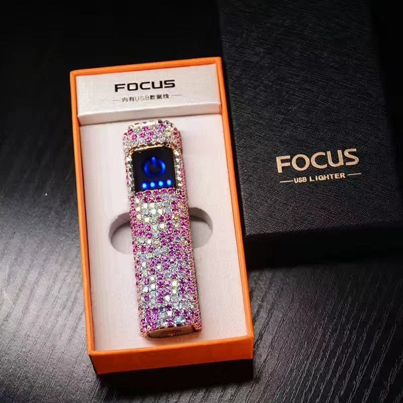Rhinestone Touch Screen Lighter Diamond Luxury Windproof Mute High-Grade Usb Charging Ladies Cigarette Lighter Girl's Gift