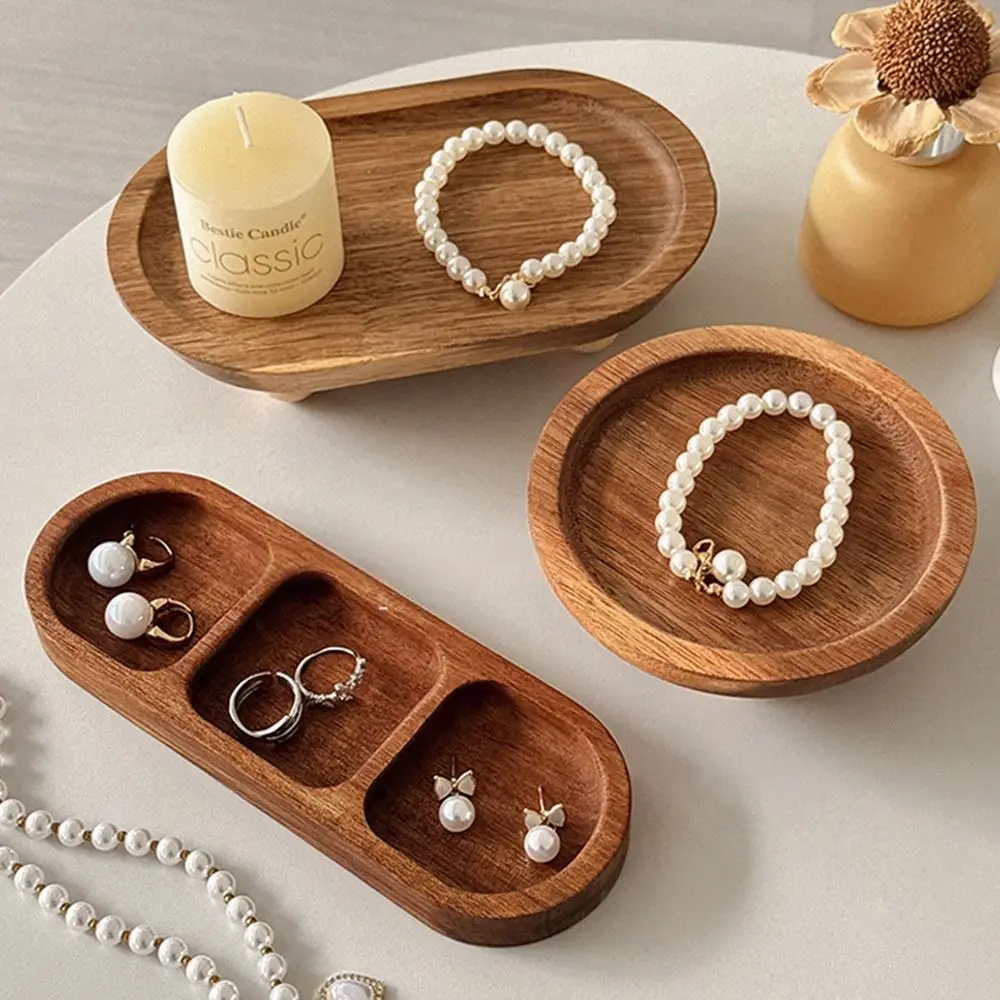 Brown Jewellery Display Trays Round Oval Desktop Ornament Display Plate Perfume Organizier Wood Candle Storage Rack Tabletop