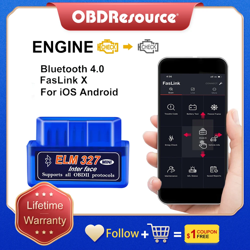 

OBDResource Code Reader Scan Tool ELM327 V2.1 Car Fault Detector OBD2 Bluetooth 4.0 Scanner Diagnostic Tool For iOS Android