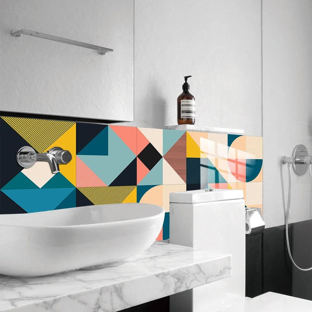 Wall Sticker Colorful Geometric Pattern Tiles Kitchen Backsplash Oil-proof Bathroom Home Decor Self-adhesive Art Wall Decals wall stickers self adhesive stickers self adhesive wallpaper vinyl wallpaper kitchen wall sticker adhesive wallpaper oil proof film decorative tile stickers