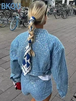 BKQU Denim Sequins 2 Piece Pants Set Women Fashion High Waist Shorts Lapel single-breasted Cropper Jackets Female Luxury Outfits - Image 4