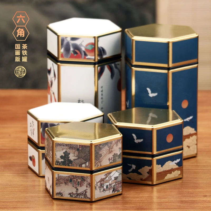 Chinese Style Hexagonal Tea Packaging Box Tinplate Sealed Tin Can