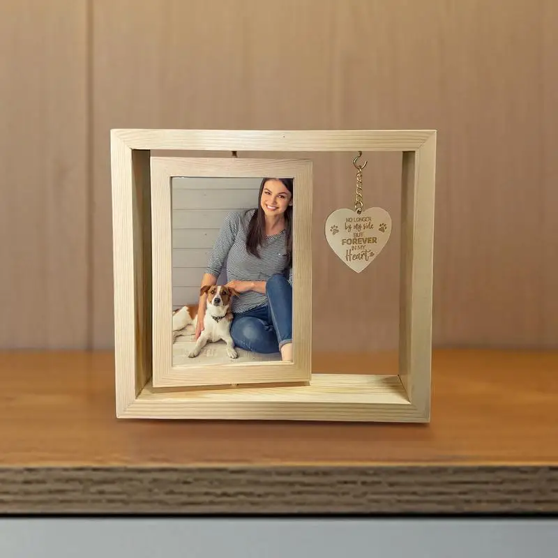 Wooden Dog Memorial Photo Frame Desktop Rotatable Frame Heart Pendant Dog Memorial Home Table Decoration For Bedroom Living Room