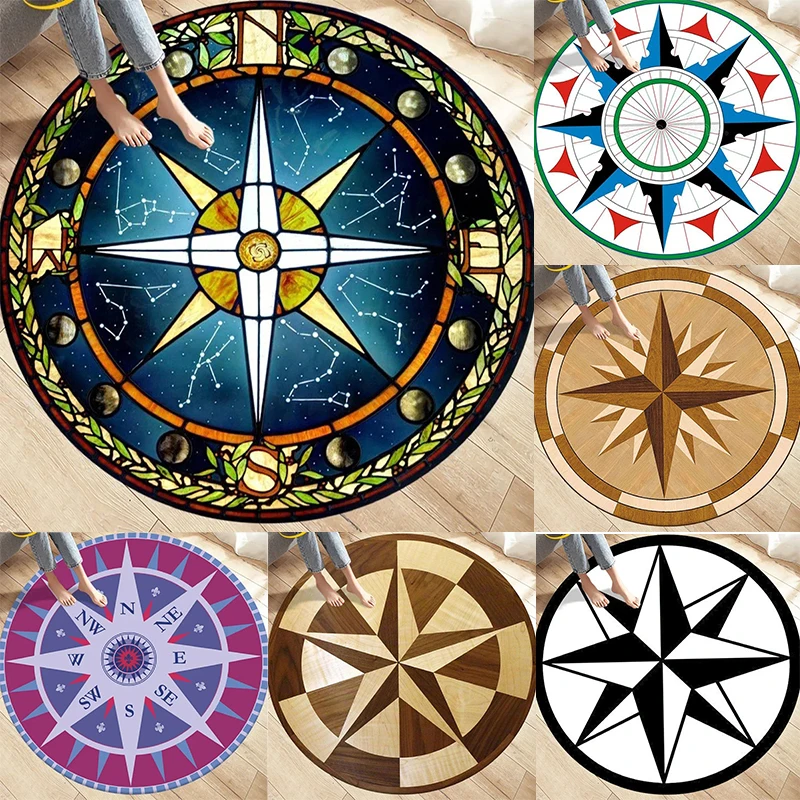 Compass Patterned Round Rug with Nautical Star Design Floor Mat for ...
