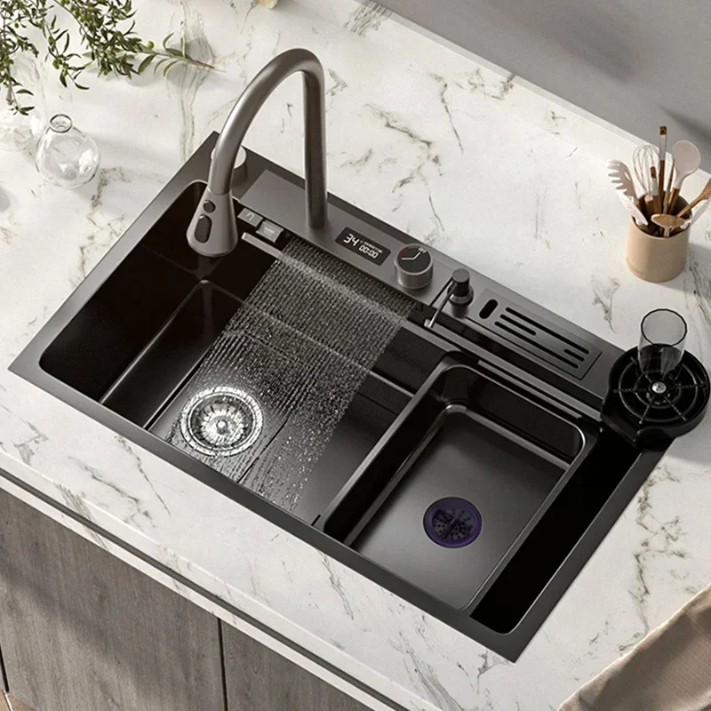 304 Stainless Steel Kitchen Sink Flying Rain Waterfall Faucet Digital Display Large Single Slot Household Black Dish Wash Basin
