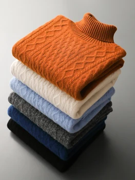 Meeste 100% meriinovillast topeltkõrge kaelusega mustriline kampsun S-XXL 1