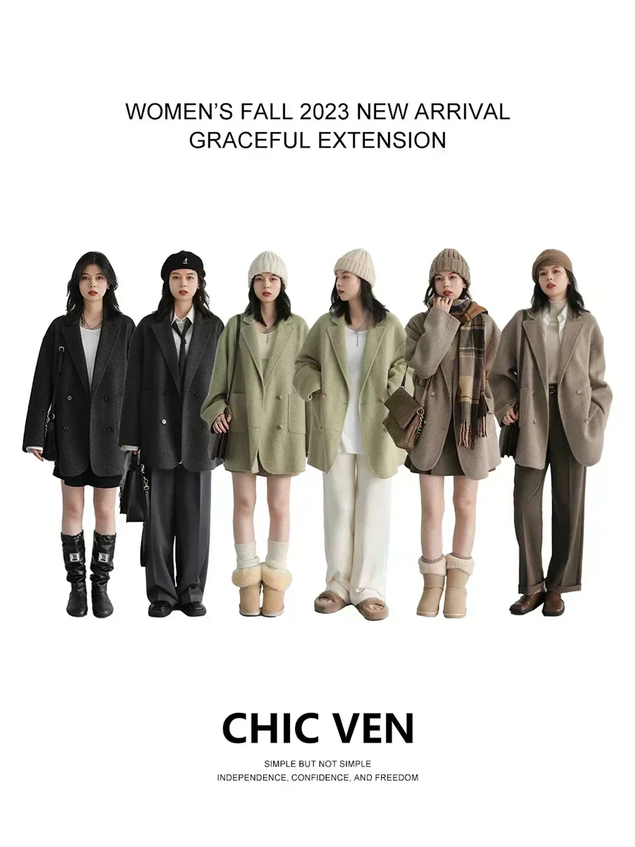 CHIC VEN Women's Woolen Coats Loose Casual Double Breasted Retro Double-sided Jacket Office Lady Outerwear Autumn Winter 2023 3