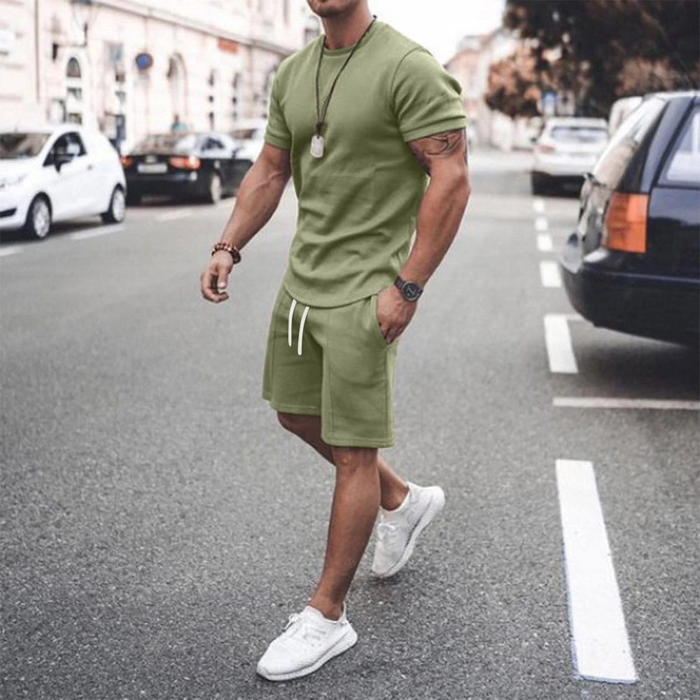 2023 New Summer Men's T-shirt Oversized Men Tracksuits Solid Color Fashion Streetwear Mens Clothes Casual Loose 2 Piece Male Set