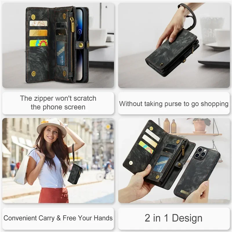CaseMe Lanyard Leather Wallet with Magnetic Zipper and Card Holder
