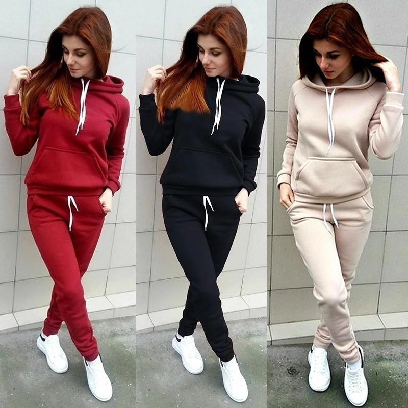 Women's fashion solid color Hoodie and trousers suit Sportswear women's two-piece jogging Sportswear high neck sweater suit