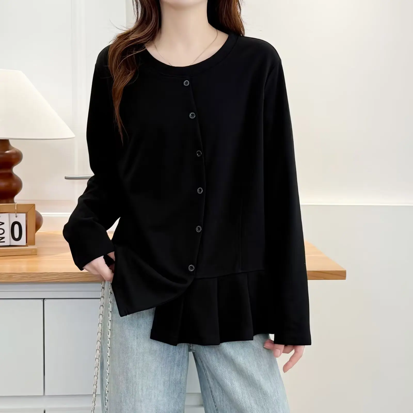 XXXXL Fashion Plus Size Women's T-Shirt New Autumn Style Thickened Irregularly Fold Hem Long Sleeved Top 2545