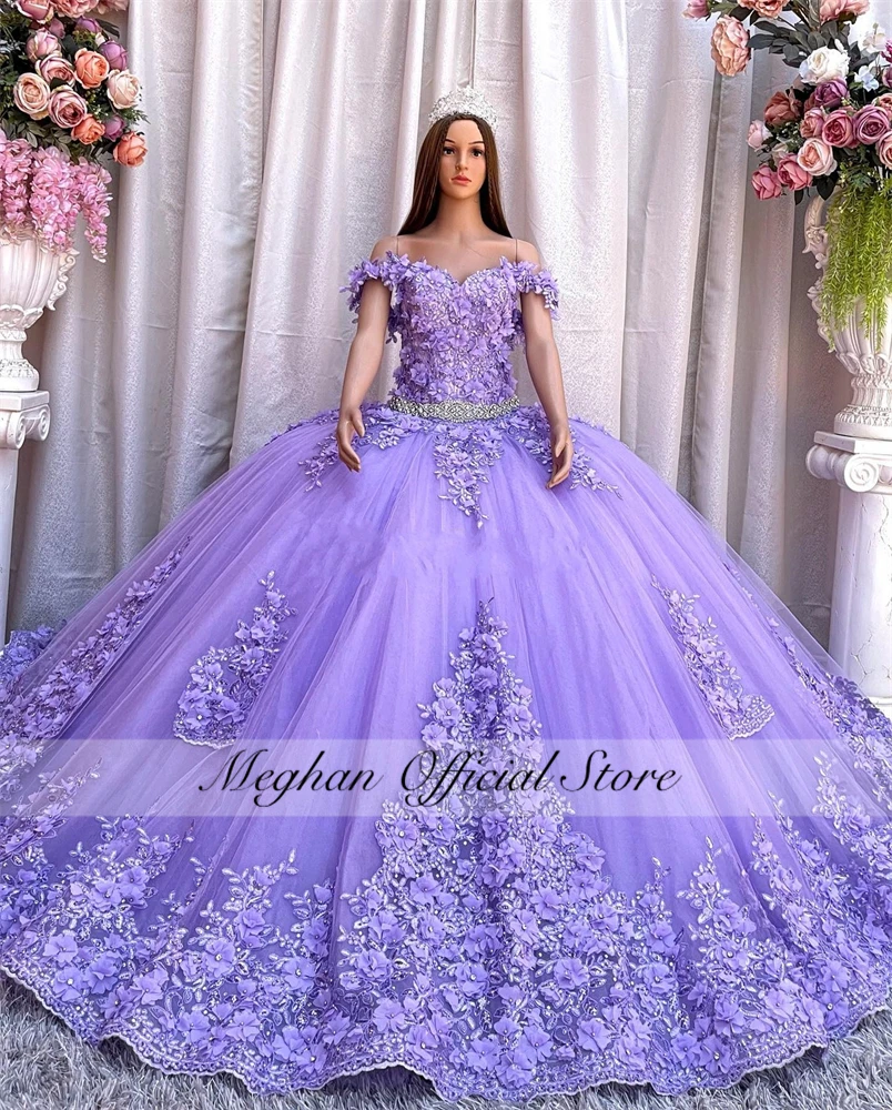 

Mexico Purple Off The Shoulder Quinceanera Dress 2023 Beaded 3D Flowers Corset Prom Dress Ball Gown Sweet 16 Robe De Bal