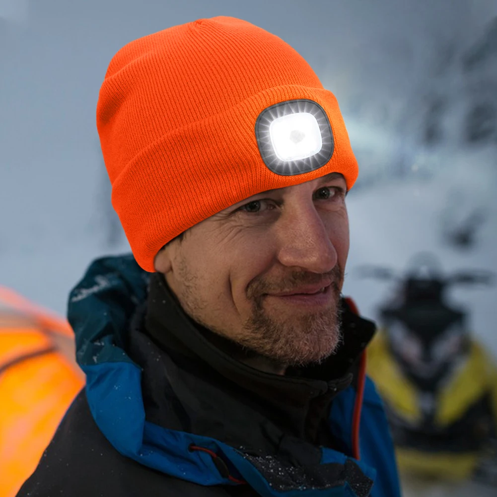USB Rechargeable Unisex Knitted Hat with 3 Brightness Levels 4 LED Head Flashlight Hands Free Cap Gifts for Dad