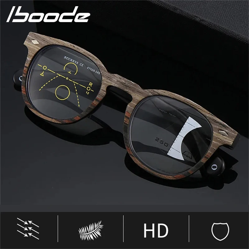 

iboode Retro Round Wood Grain Reading Glasses Men Progressive Multifocal Presbyopic Glasses Near Far Sight Diopter +1 1.5 2 2.5