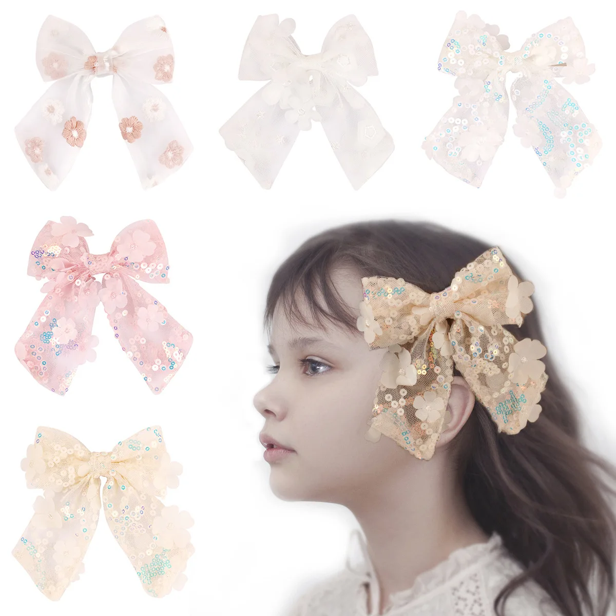 24pc/lot New Sequin Hair Bow Hair clips Baby Girls Kid Lace Embroidery Flower Barrettes School Girl Hairpins Hair Accessories jinhao 100 series fountain pen green ice pollen ice flower acrylic barrel fine nib gold trim business office signature school