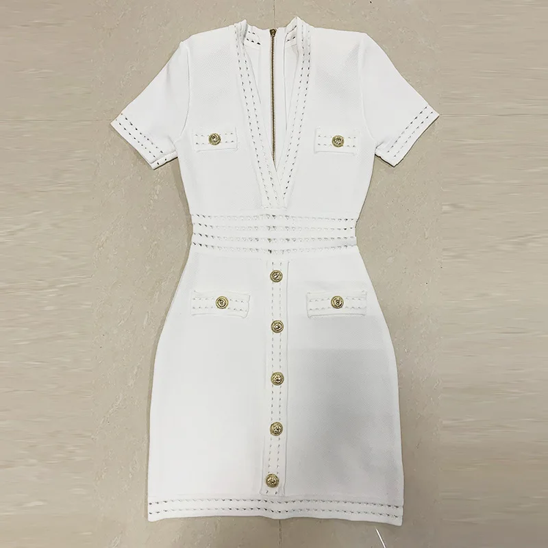 

Spot 2023 Spring/Summer European and American New Sexy Deep V-Neck Temperament Lion Button Short Sleeve Knitted Wrap Hip Dress