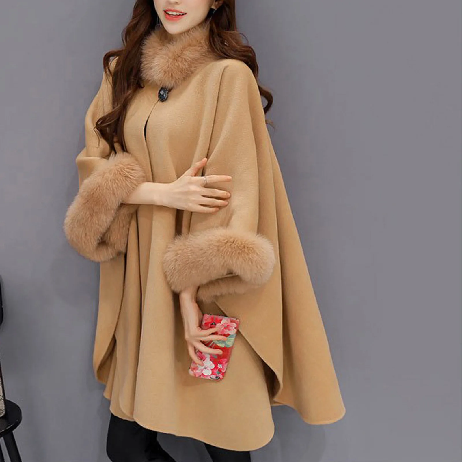 Fleece Women Keep Warm Jacket Kpop Elegant Long Sleee Outwear Fuzzy Collar Cardigan Cloak Bomber Cardigan Female Grey Jackets