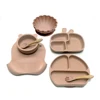 7pcs Children's Silicone Plate Set One Piece Large Suction Cup Compartment Plate Eating Training with Spoon and Fork 2