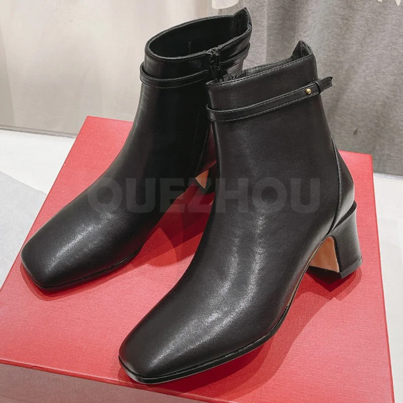 

Women Straight Boots Autumn Winter 2023 New Solid Colors Quality Calfskin Upper High Heel Shoes Mature Temperament Ankle Boots