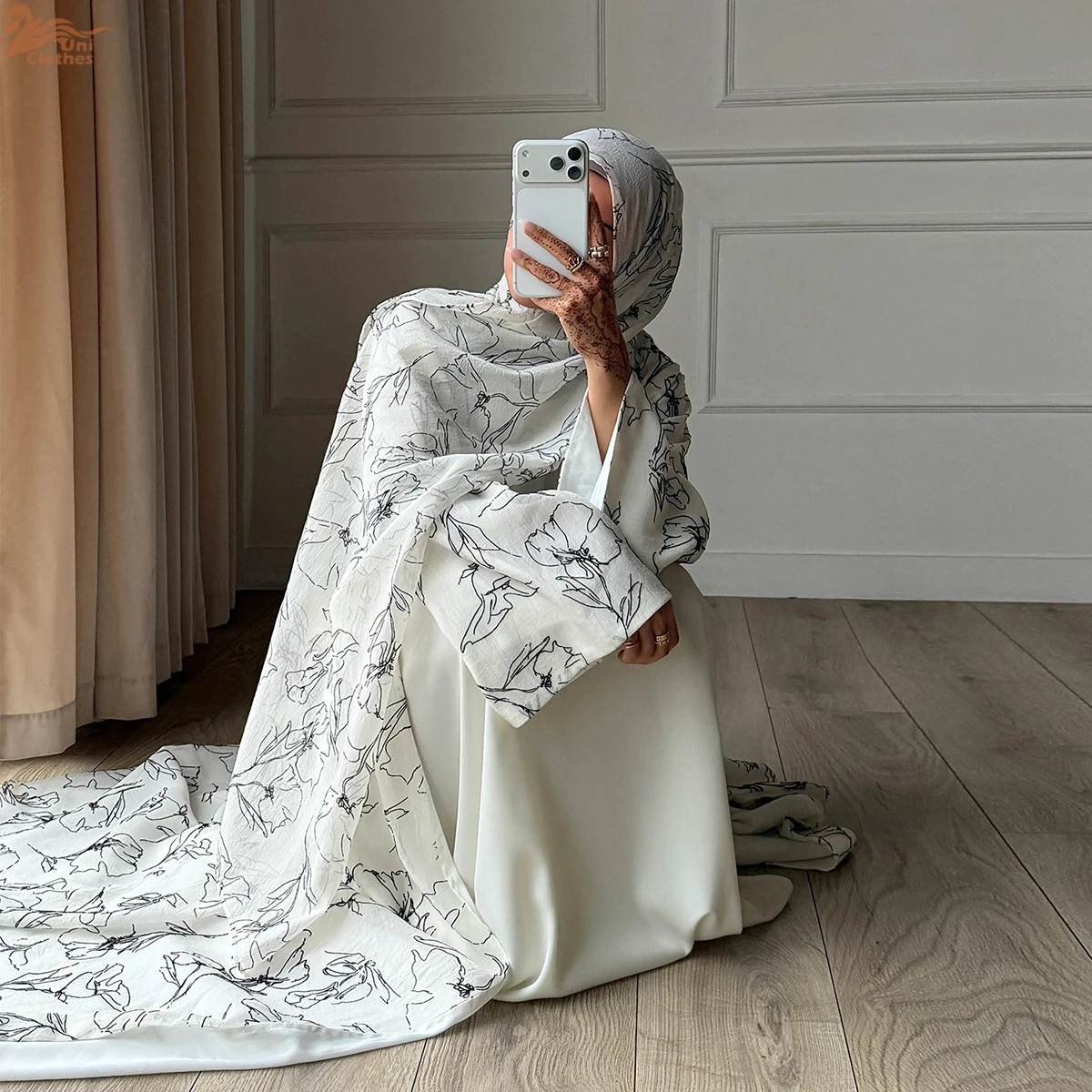 Zahraa 2026 Summer Arabic Women Muslim Clothes Ramadan Dubai Open Abaya Dress with Hijab Islam Printed Chiffon 2-Piece Outfit 6