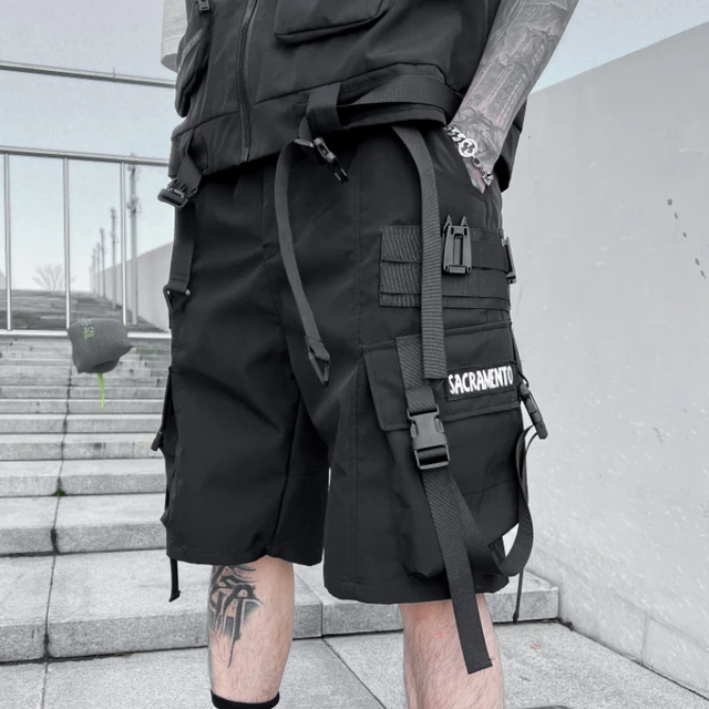 TJFZJPXH Pockets Patchwork Ribbon Cargo Shorts Men Hip Hop Joggers Short  Streetwear Harem Short Pants Black S | Amazon.com