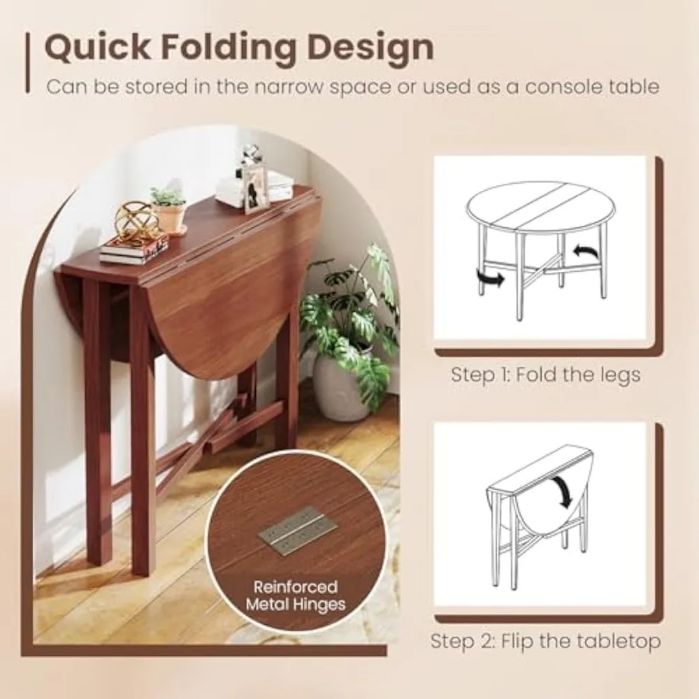 Round Drop Leaf Dining Table, 36” Folding Kitchen Table with Solid