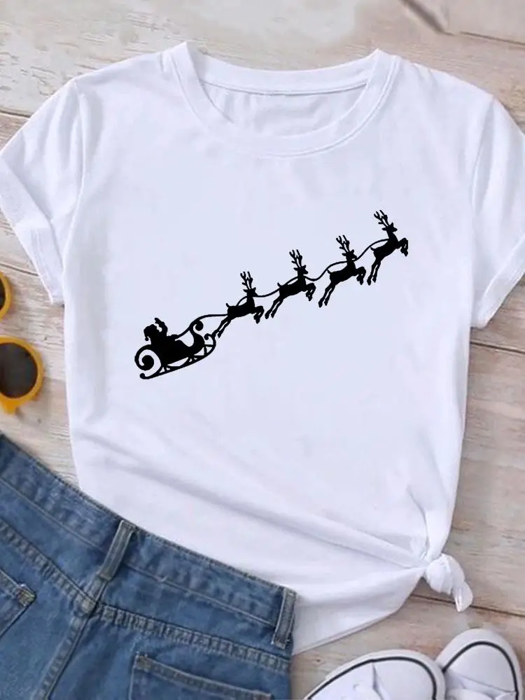 

Deer Cartoon Style Graphic T Shirt Merry Christmas Clothing New Year Top Fashion Print Women Holiday T-shirt Short Sleeve Tee