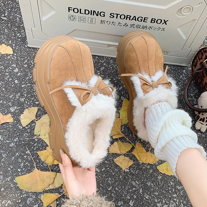 Winter New Baotou Slippers for Women Round Head Deep Mouth Suede Butterfly Knot Thick Bottom Non-slip Cotton Drag 3