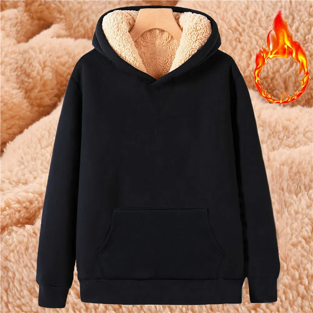 Winter Thicken Men Hoodies Lambswool Warm Hooded Pullover Unisex Long Sleeve Sweatshirts Streetwear Casual Black Tops