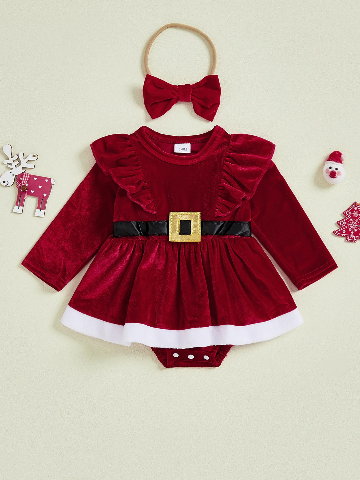 Adorable Christmas Toddler Girls Velvet Romper Dress with Ruffled Sleeves and Matching Bow Headband - Festive 2 Piece Set for