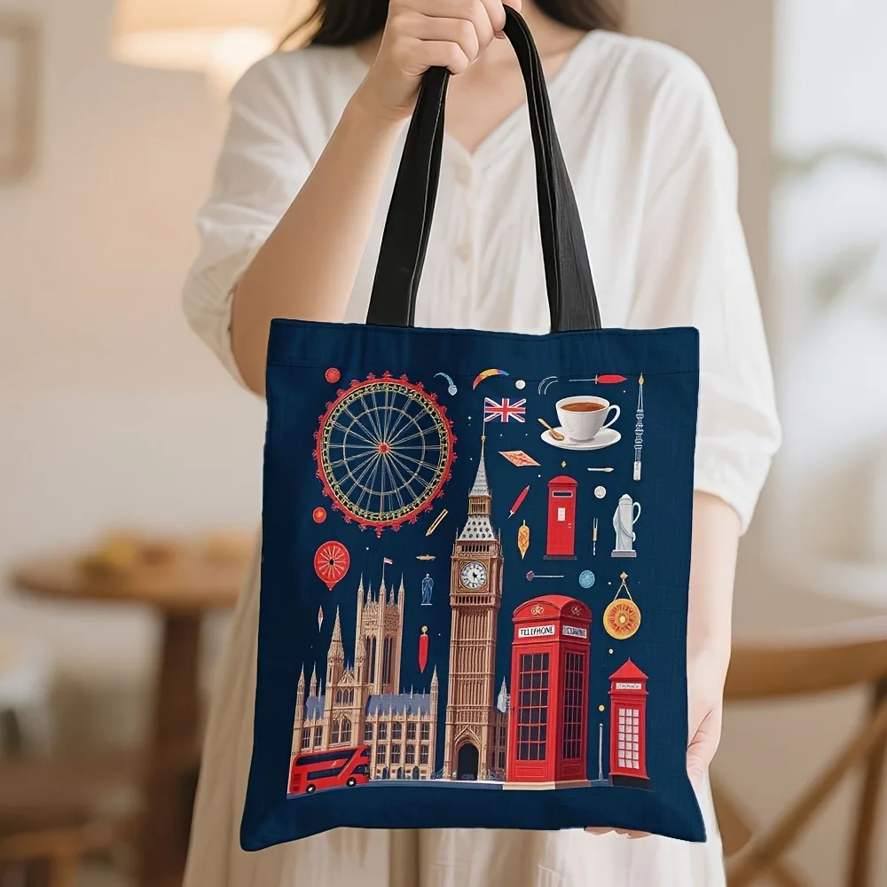 London-Themed Reusable Canvas Shopping Tote with Large Capacity