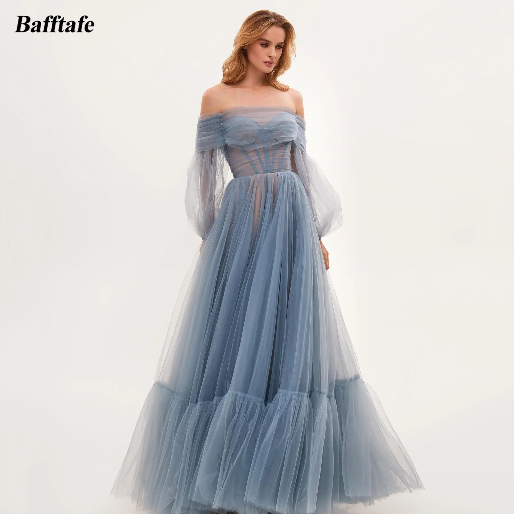 

Bafftafe Dusty Blue Tulle A Line Prom Dresses Pleat Detachable Puff Long Sleeves Lace Up Formal Occasion Party Evening Gowns