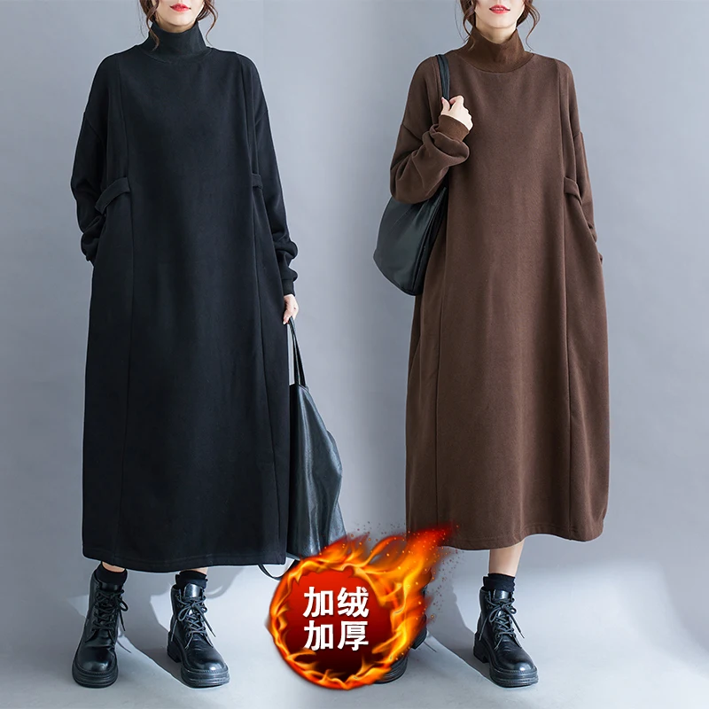 

2023 New Arrival Autumn Winter All-matched Women Casual Thickening Warmth Turtleneck Long Sleeve Mid-calf Fashion Dresses V834