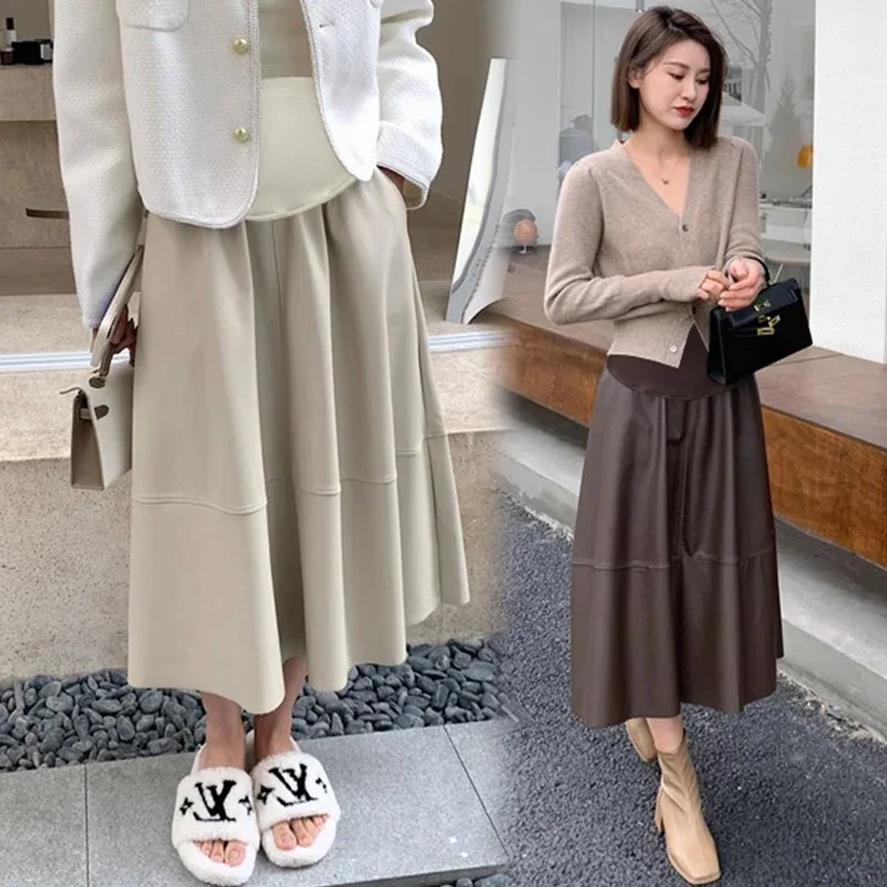Autumn Pregnant Woman Pu Leather Skirts with Pockets Loose Maternity A-line Umbrella Skirt Pregnancy Belly Skirt Length 82cm