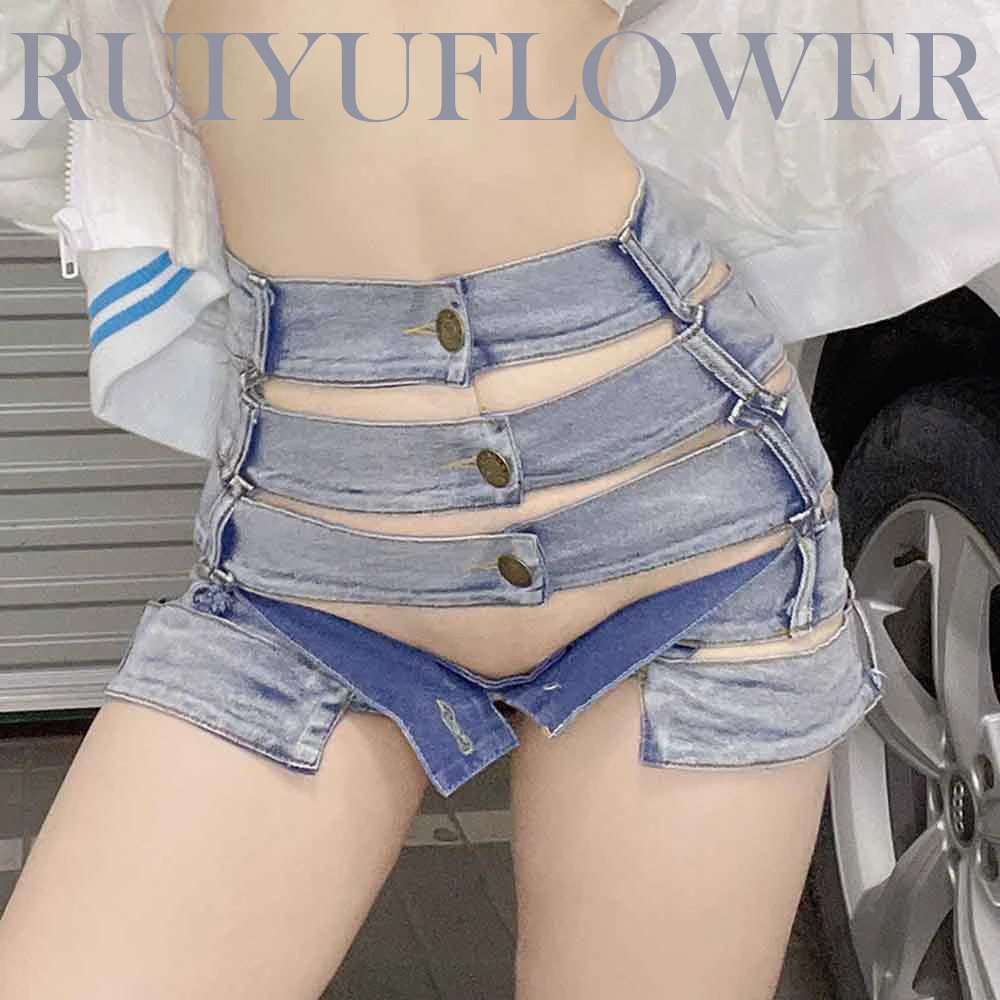 

Летние женские пикантные повседневные комбинированные джинсовые шорты с высокой талией и вырезами, пляжные горячие брюки, костюм из мини-джинсов, женская одежда