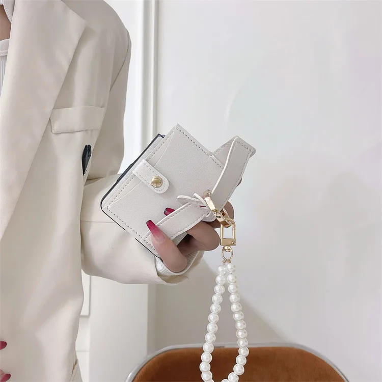

Luxury Card Holder Wirst Strap Phone Case For OPPO Find N2 Flip 5G CPH243 n2flip findn2flip Pearl Bracket Ring Leather Cover