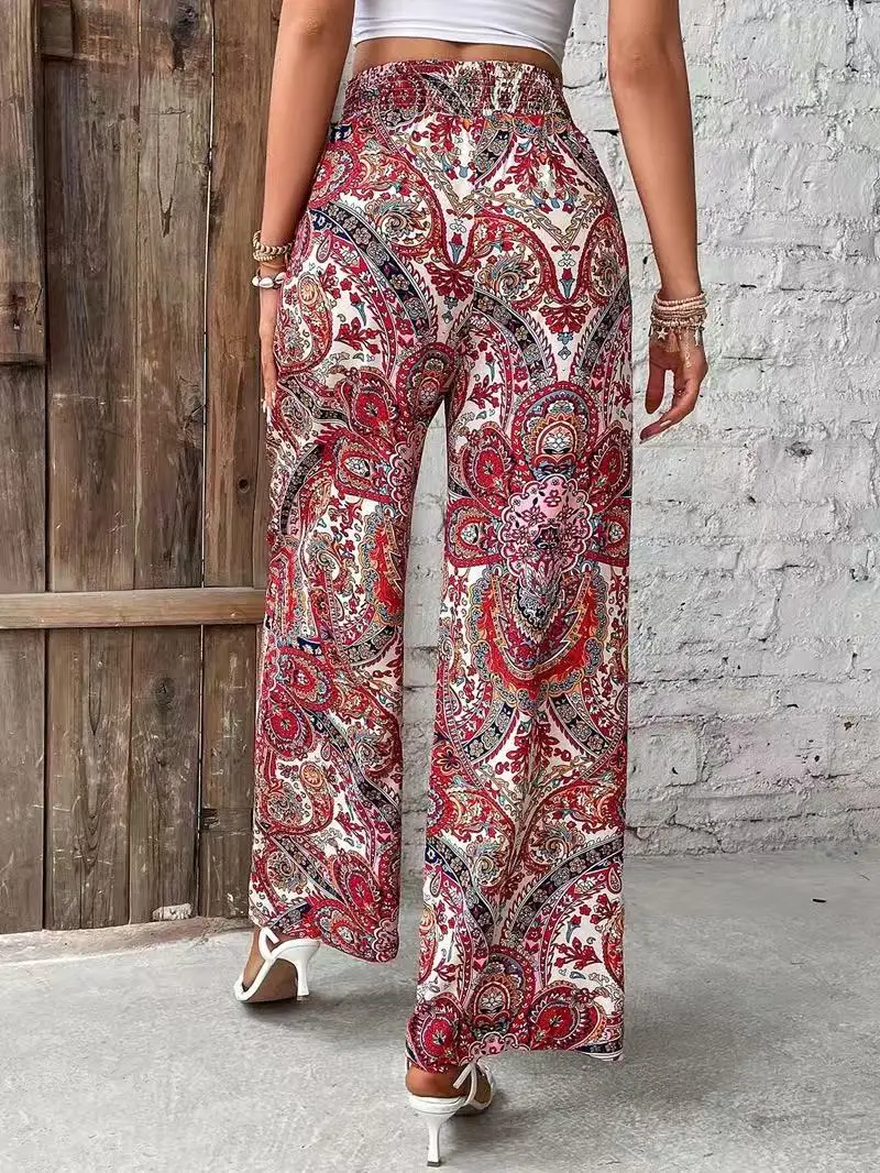 Women's Boho Paisley Print High Waist Wide Leg Pants Casual Loose Palazzo Trousers for Summer Beach Vacation 2