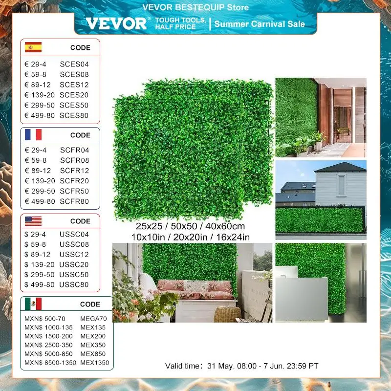 VEVOR Artificial Plant Wall Decoration Boxwood Hedge Wall Panel Home Decor Fake Plants Grass Backdrop Wall Privacy Hedge Screen