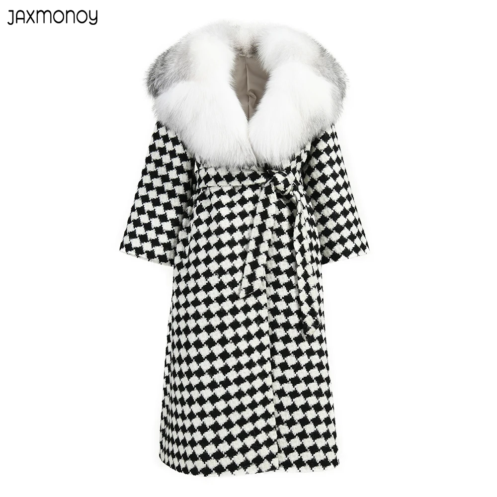 

Jaxmonoy High-end Cashmere Long Coats For Woman Luxury Big Fox Fur Collar Ladies Autumn Winter Warm Black and White Plaid Trench